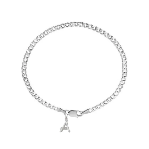 92.5% pure Sterling Silver Curb Designer Bracelet with A Alphabet for Men