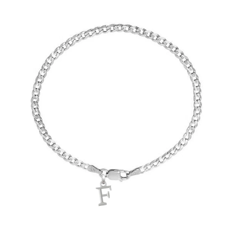 92.5% pure Sterling Silver Curb Designer Bracelet with F Alphabet for Men