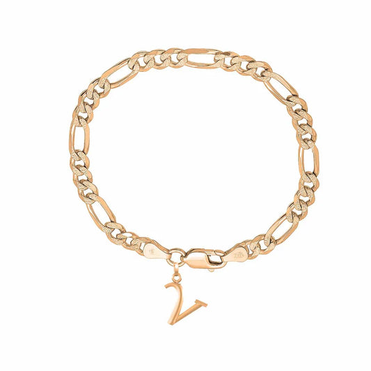 22KT gold plated 92.5% pure Sterling Silver Figaro Designer Bracelet with V Alphabet for Men