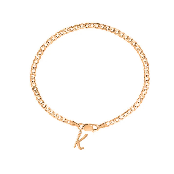 22KT gold plated 92.5% pure Sterling Silver Curb Designer Bracelet with K Alphabet for Men