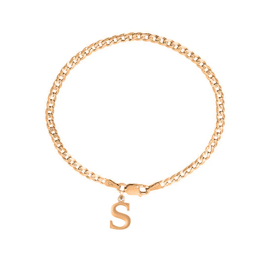 22KT gold plated 92.5% pure Sterling Silver Curb Designer Bracelet with S Alphabet for Men