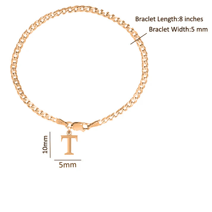 22KT gold plated 92.5% pure Sterling Silver Curb Designer Bracelet with T Alphabet for Men