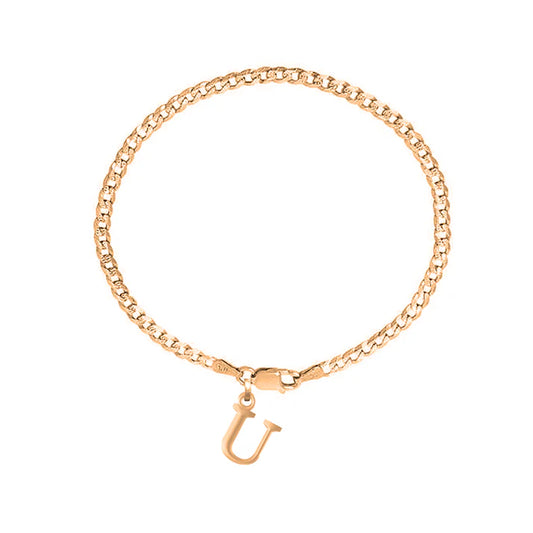 22KT gold plated 92.5% pure Sterling Silver Curb Designer Bracelet with U Alphabet for Men