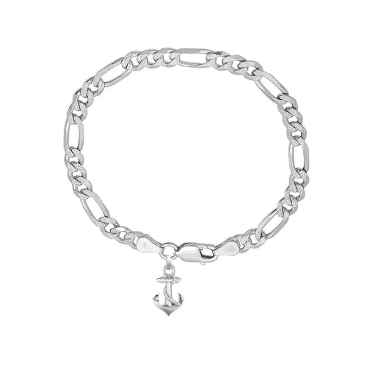 92.5% pure Sterling Silver Figaro Designer Bracelet with Ship Anchor for Men