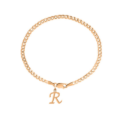 22KT gold plated 92.5% pure Sterling Silver Curb Designer Bracelet with R Alphabet for Men