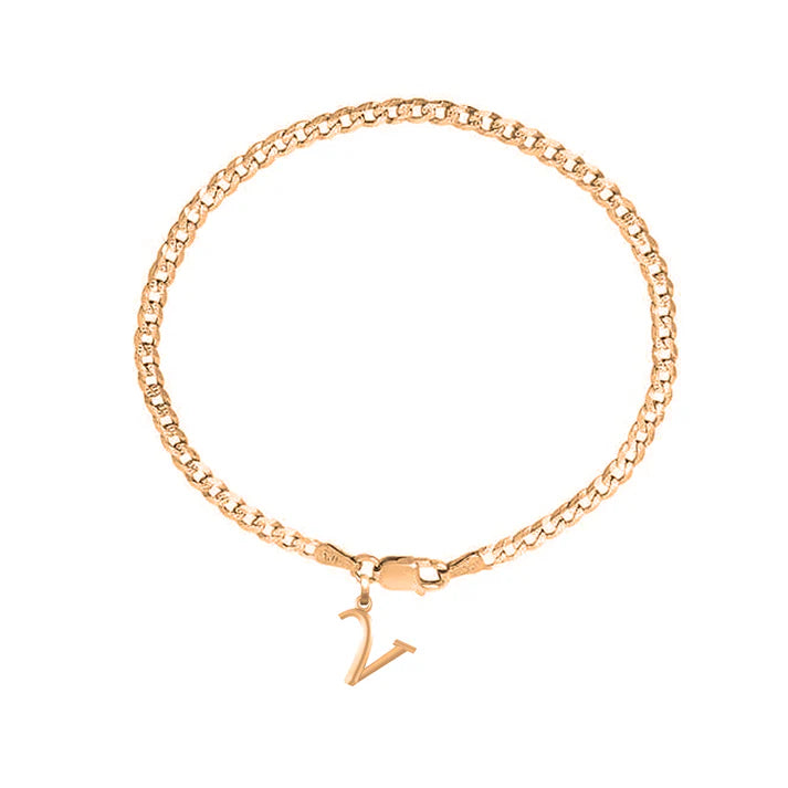22KT gold plated 92.5% pure Sterling Silver Curb Designer Bracelet with V Alphabet for Men