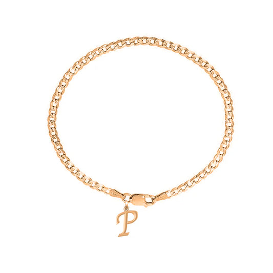 22KT gold plated 92.5% pure Sterling Silver Curb Designer Bracelet with P Alphabet for Men