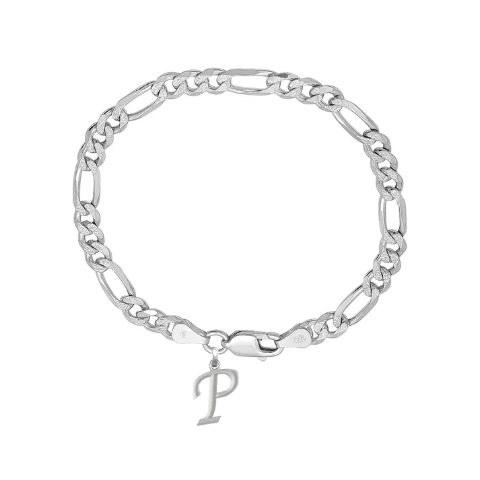 92.5% pure Sterling Silver Figaro Designer Bracelet with P Alphabet for Men