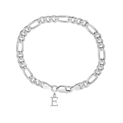 92.5% pure Sterling Silver Figaro Designer Bracelet with E Alphabet for Men