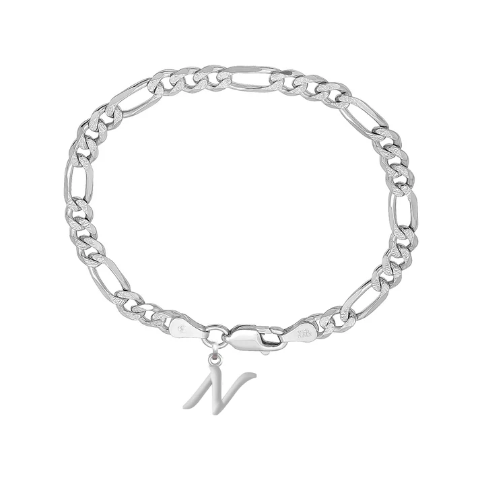 92.5% pure Sterling Silver Figaro Designer Bracelet with N Alphabet for Men