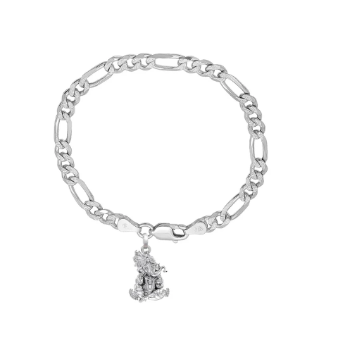 92.5% pure Sterling Silver Figaro Designer Bracelet with Charm Ganesh for Men & Boys