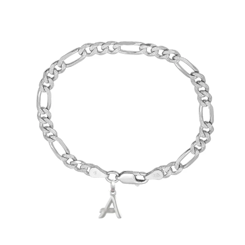 92.5% pure Sterling Silver Figaro Designer Bracelet with A Alphabet for Men