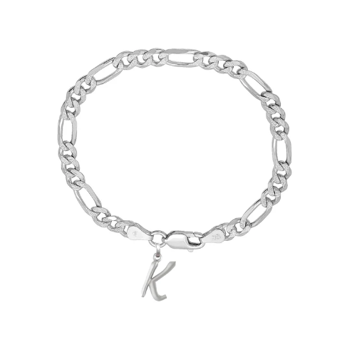 92.5% pure Sterling Silver Figaro Designer Bracelet with K Alphabet for Men