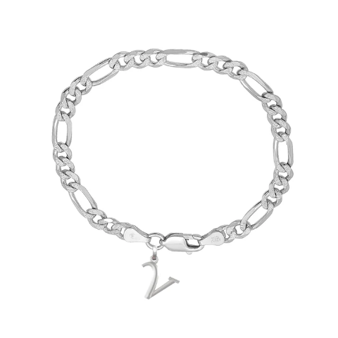 92.5% pure Sterling Silver Figaro Designer Bracelet with V Alphabet for Men
