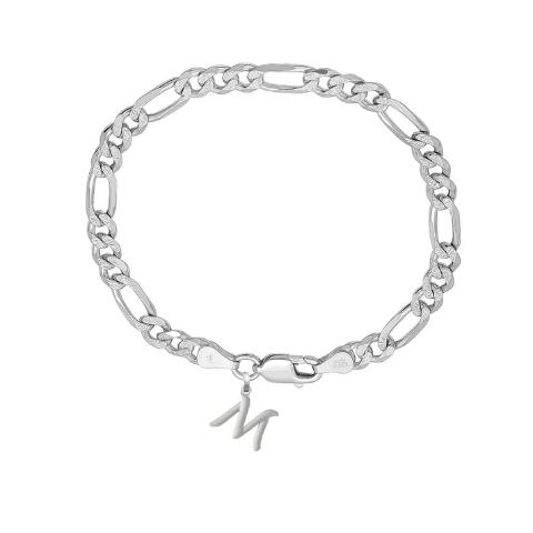 92.5% pure Sterling Silver Figaro Designer Bracelet with M Alphabet for Men