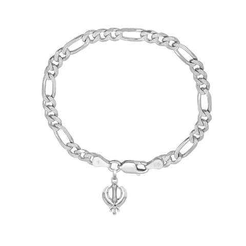 92.5% pure Sterling Silver Figaro Designer Bracelet with Sikh khanda Symbol for Men