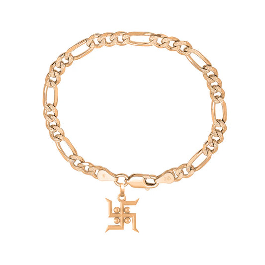 22KT gold plated 92.5% pure Sterling Silver Figaro Designer Bracelet with Charm Swastik for Men