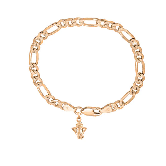 22KT gold plated 92.5% pure Sterling Silver Figaro Designer Bracelet with Charm Ganesh for Men & Boys