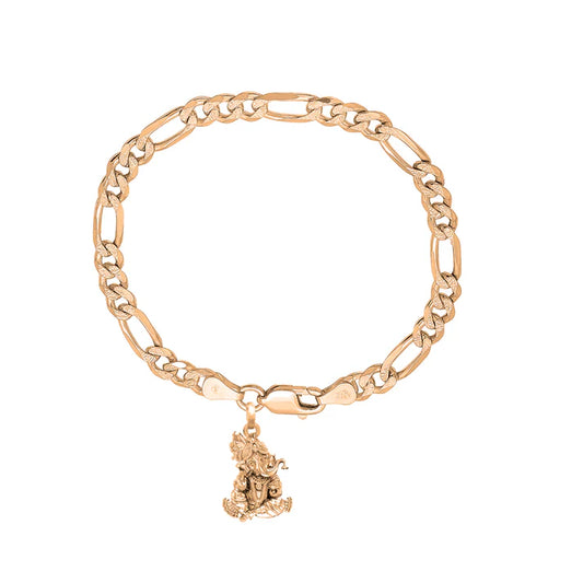 22KT gold plated 92.5% pure Sterling Silver Figaro Designer Bracelet with Charm Ganesh for Men & Boys