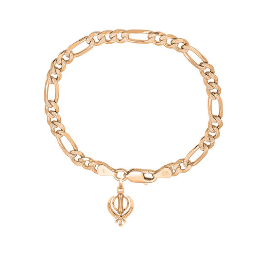 22KT gold plated 92.5% pure Sterling Silver Figaro Designer Bracelet with Sikh khanda Symbol for Men
