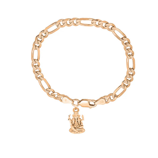 22KT gold plated 92.5% pure Sterling Silver Figaro Designer Bracelet with Charm Ganesh for Men & Boys