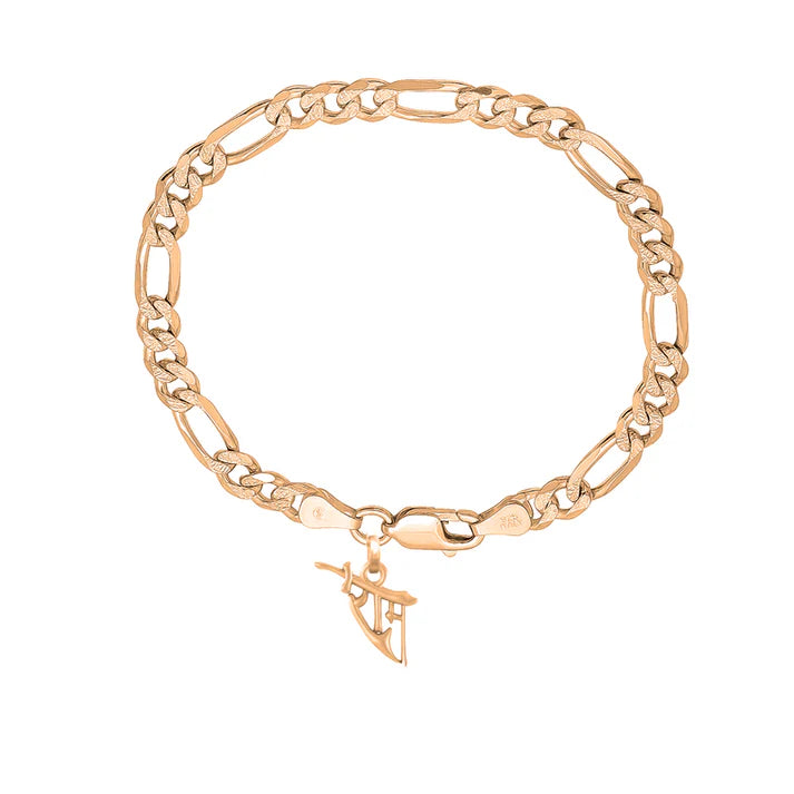 22KT gold plated 92.5% pure Sterling Silver Figaro Designer Bracelet with Charm God Ram Name for Men