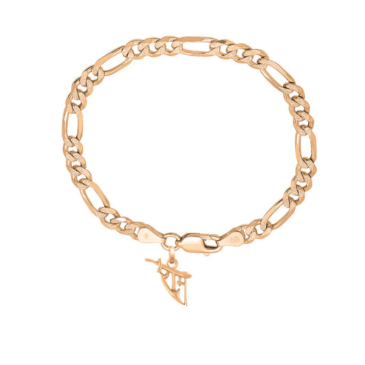 22KT gold plated 92.5% pure Sterling Silver Figaro Designer Bracelet with Charm God Ram Name for Men