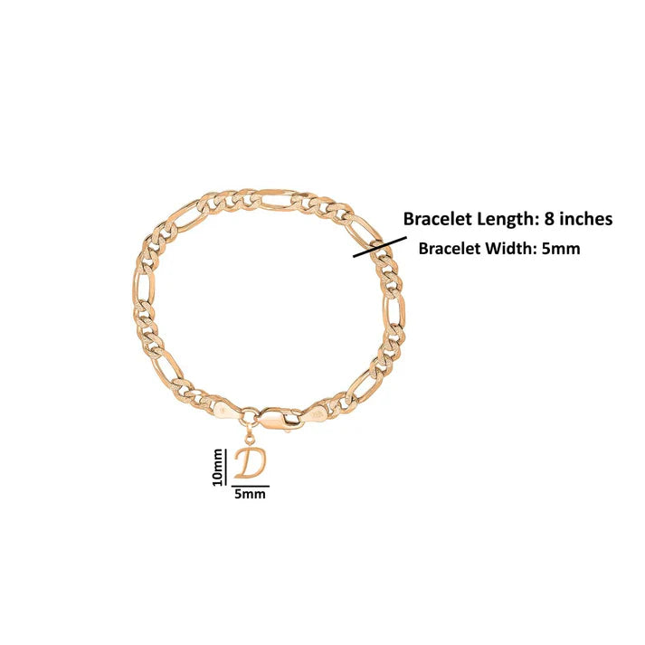 22KT gold plated 92.5% pure Sterling Silver Figaro Designer Bracelet with D Alphabet for Men