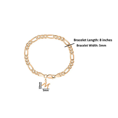 22KT gold plated 92.5% pure Sterling Silver Figaro Designer Bracelet with M Alphabet for Men