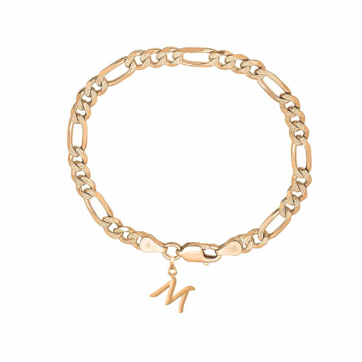 22KT gold plated 92.5% pure Sterling Silver Figaro Designer Bracelet with M Alphabet for Men