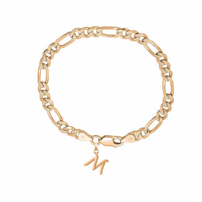 22KT gold plated 92.5% pure Sterling Silver Figaro Designer Bracelet with M Alphabet for Men