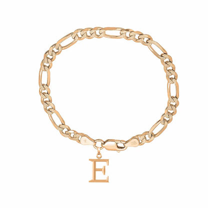 22KT gold plated 92.5% pure Sterling Silver Figaro Designer Bracelet with E Alphabet for Men