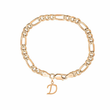 22KT gold plated 92.5% pure Sterling Silver Figaro Designer Bracelet with D Alphabet for Men