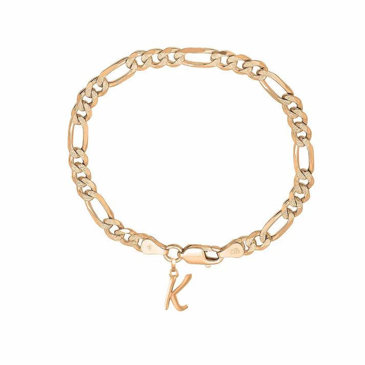 22KT gold plated 92.5% pure Sterling Silver Figaro Designer Bracelet with K Alphabet for Men