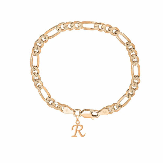 22KT gold plated 92.5% pure Sterling Silver Figaro Designer Bracelet with R Alphabet for Men