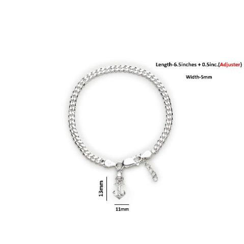 92.5% pure Sterling Silver Curb Designer Bracelet with Ship Anchor for Girls and Women