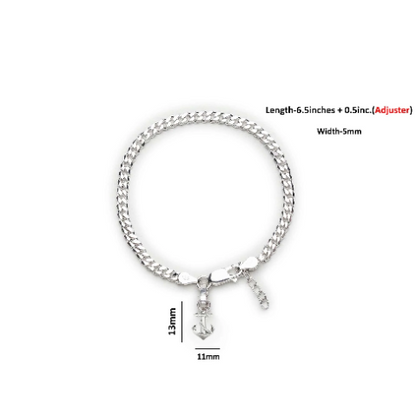 92.5% pure Sterling Silver Curb Designer Bracelet with Ship Anchor for Girls and Women