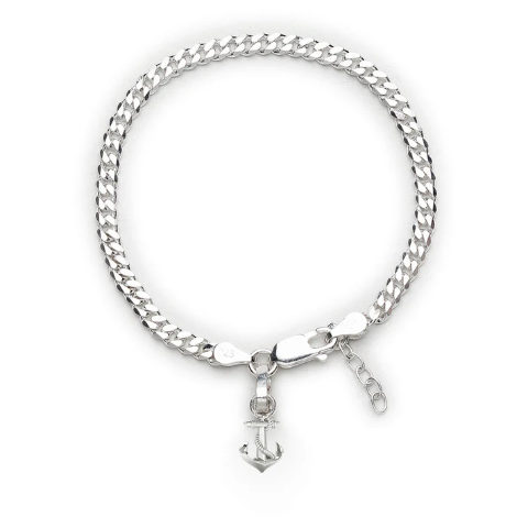 92.5% pure Sterling Silver Curb Designer Bracelet with Ship Anchor for Girls and Women