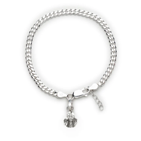 92.5% pure Sterling Silver Curb Designer Bracelet with Charm Sai Baba for Girls and Women