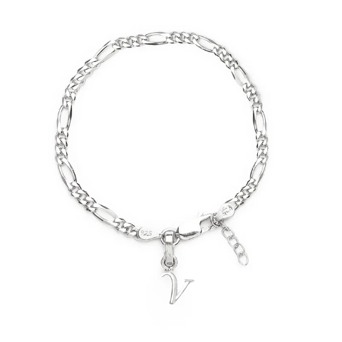 92.5% pure Sterling Silver Figaro Designer Bracelet with V Alphabet for Girls and women