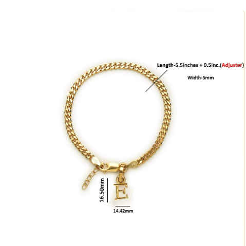 22KT gold plated 92.5% pure Sterling Silver Curb Designer Bracelet with E Alphabet for Girls and Women