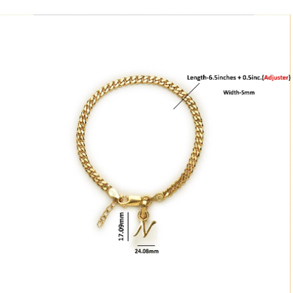 22KT gold plated 92.5% pure Sterling Silver Curb Designer Bracelet with N Alphabet for Girls and Women