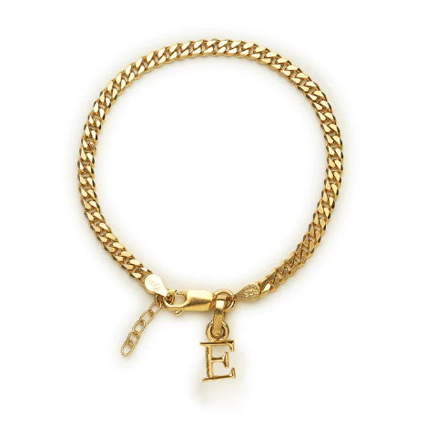 22KT gold plated 92.5% pure Sterling Silver Curb Designer Bracelet with E Alphabet for Girls and Women