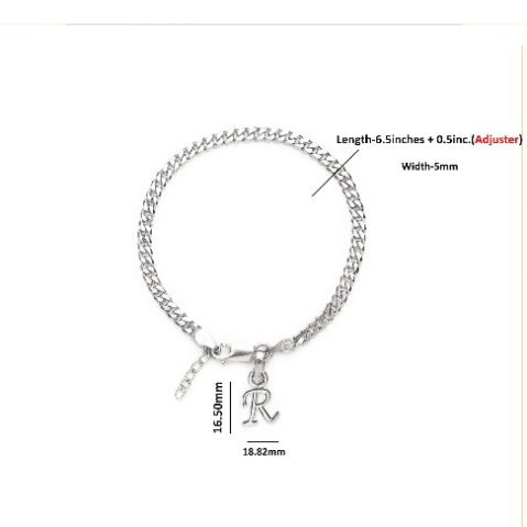 92.5% pure Sterling Silver Curb Designer Bracelet with R Alphabet for Girls and women