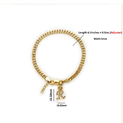 22KT gold plated 92.5% pure Sterling Silver Curb Designer Bracelet with R Alphabet for Girls and Women