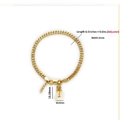 22KT gold plated 92.5% pure Sterling Silver Curb Designer Bracelet with T Alphabet for Girls and Women