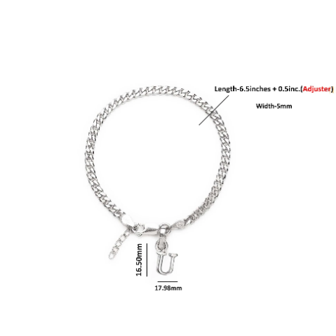 92.5% pure Sterling Silver Curb Designer Bracelet with U Alphabet for Girls and women