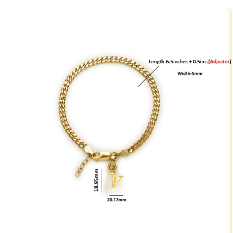 22KT gold plated 92.5% pure Sterling Silver Curb Designer Bracelet with V Alphabet for Girls and Women