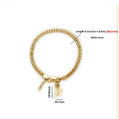 22KT gold plated 92.5% pure Sterling Silver Curb Designer Bracelet with V Alphabet for Girls and Women