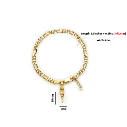 22KT gold plated 92.5% pure Sterling Silver Figaro Designer Bracelet with Hanuman Gada for Girls and Women